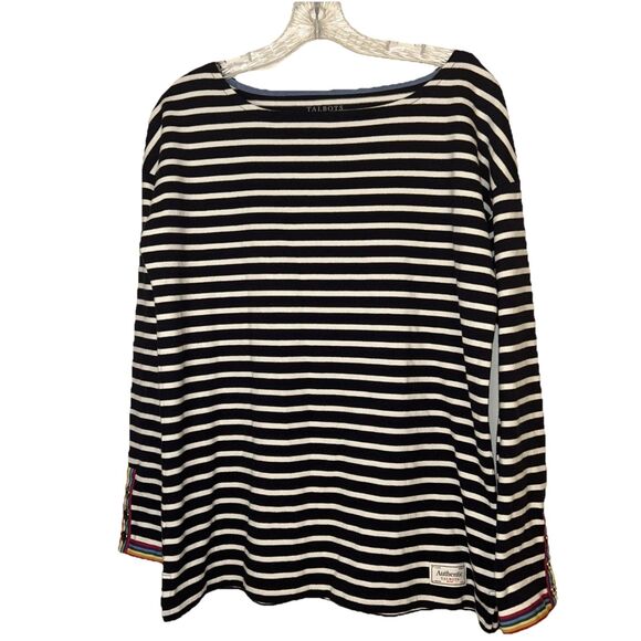 Talbots size Medium Top Pullover Navy White striped rainbow color sleeve hem - Picture 1 of 8